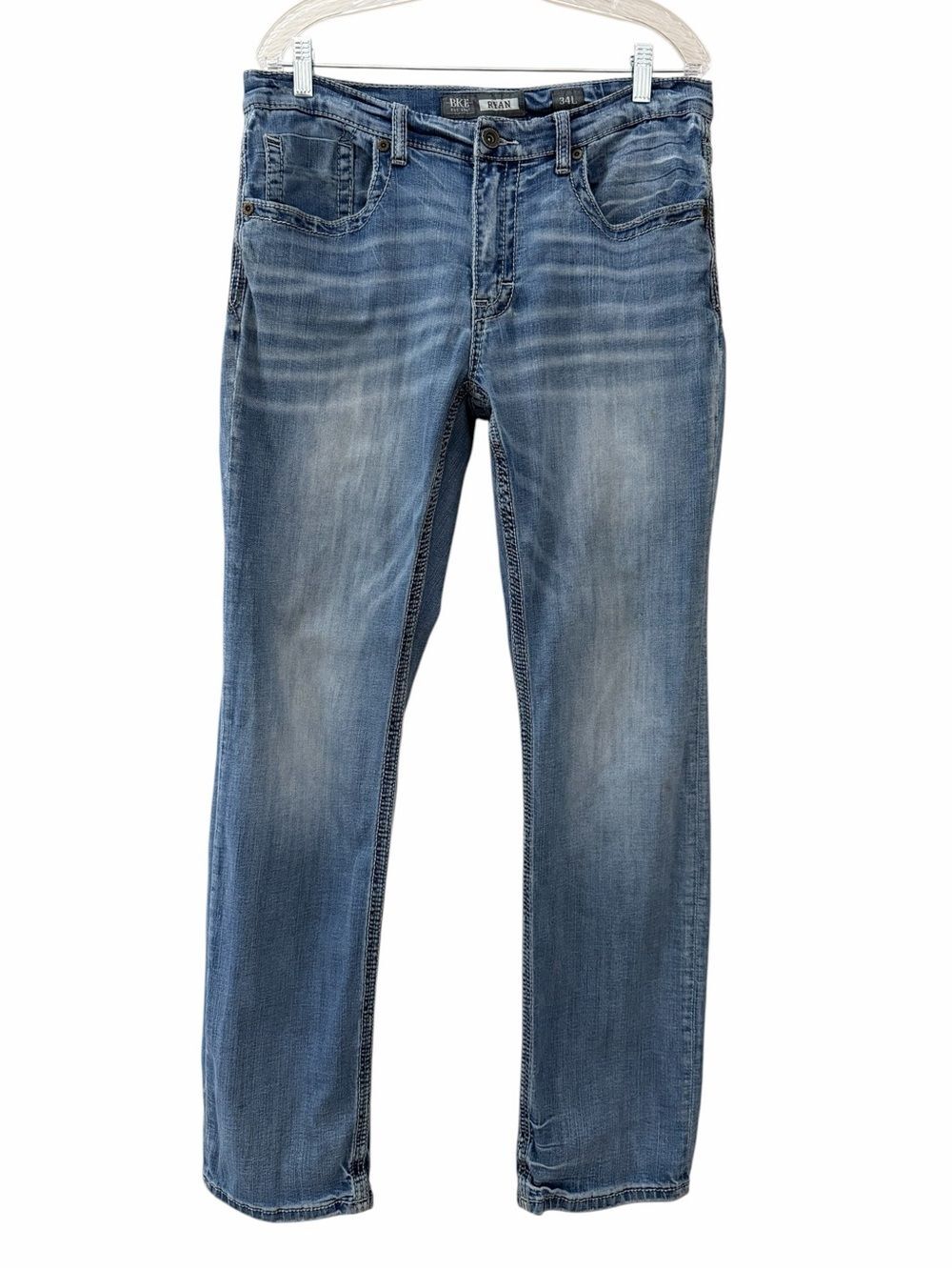 BKE Ryan Straight Leg Blue Stretch Denim Jeans Men 34x32 Zip Distressed Grunge